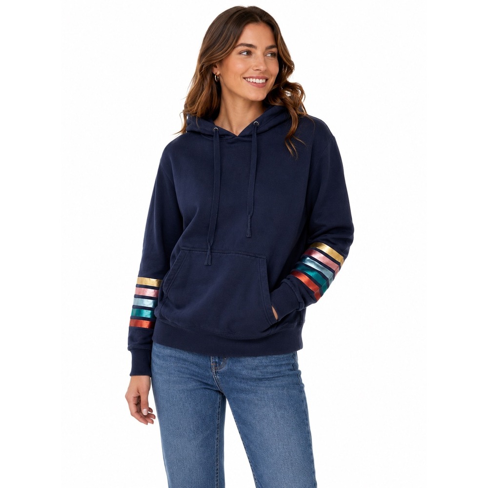 Boden Womens Navy Metallic Rainbow Stripe Sleeve Pullover Hoodie US 14 Pocket
